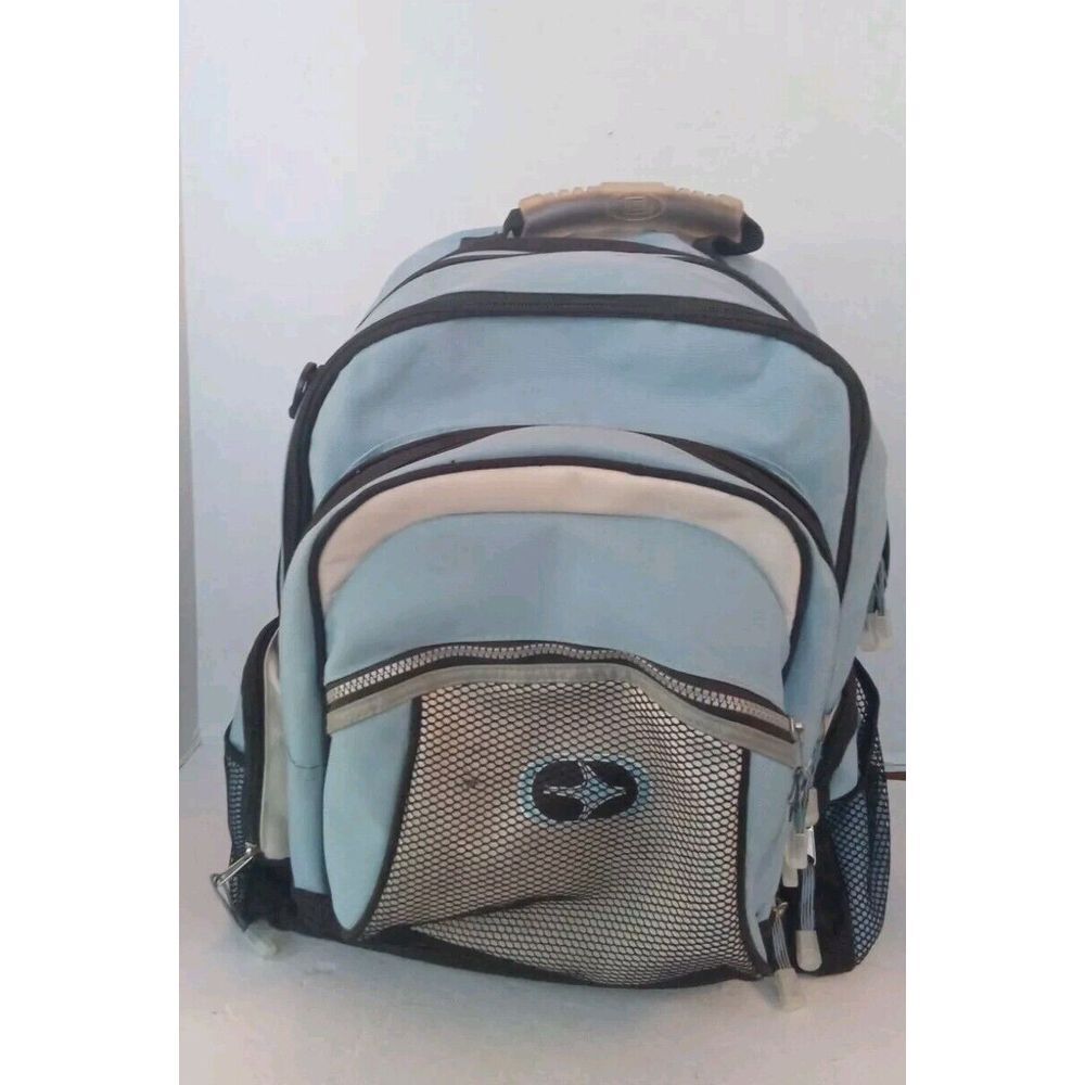 Multi-Pocket Backpack Light Blue Gray Mesh Laptop Bag‎ Multiple Compartments